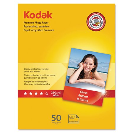 KODAK Premium Photo Paper, 8.5 mil, 8.5 x 11, Glossy White, 50PK 8360513